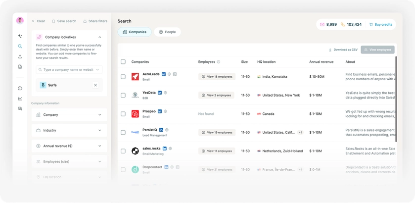 Surfe integration with Ocean.io showing lookalike companies